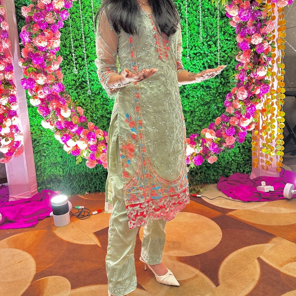 Light green salwar kameez with multicolor embroidery and pearl details